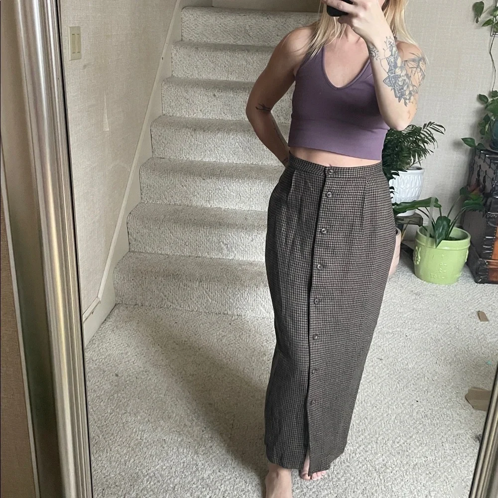Vintage Country Shop Classic Brown Houndstooth Wool Lambswool Maxi Skirt
